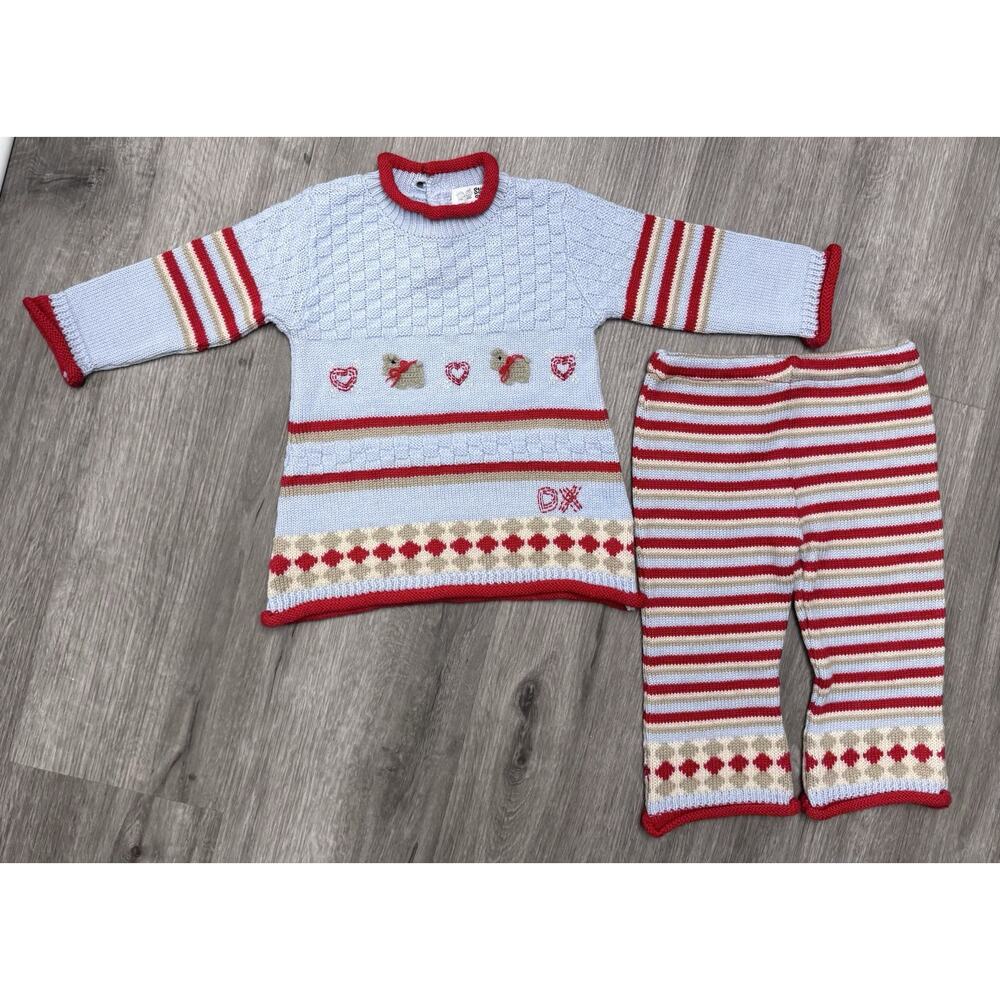 Deux Par Deux Wool Knit 18 Month Girl Outfit Animal Hearts Blue Red Brown
